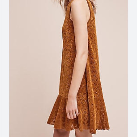Anthropoligie Maeve Amis Brown Lace Faux Suede Sleeveless 70’s Mini Dress - Picture 2 of 9